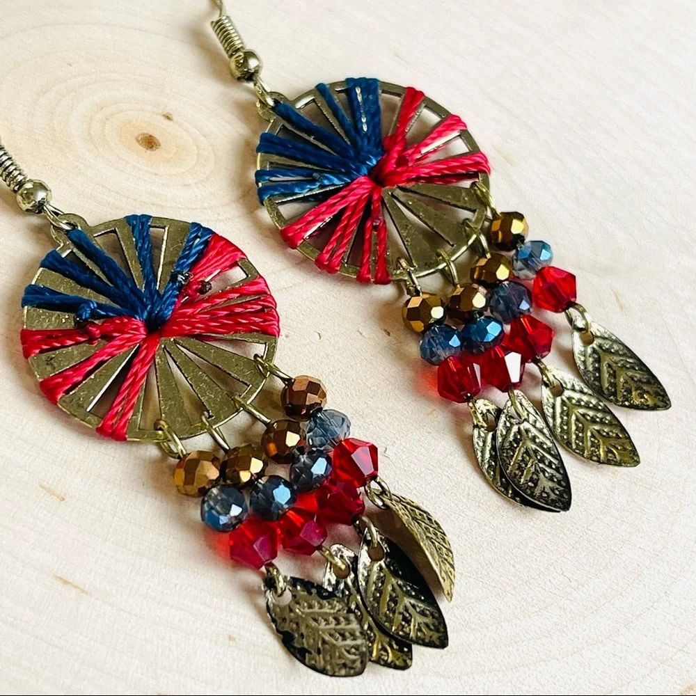 FERRIS WHEEL Southwestern pinwheel DANGLE earring gold feather leaf dangling - Picture 8 of 12
